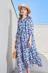 Sexy V Neck 3/4 Sleeves Floral Printed Lace Patchwork Holiday Dresses